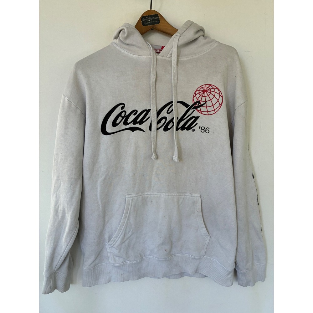 Coca-Cola Graphic Hoodie White Grey 86 Globe Logo Sleeve Print Mens Large